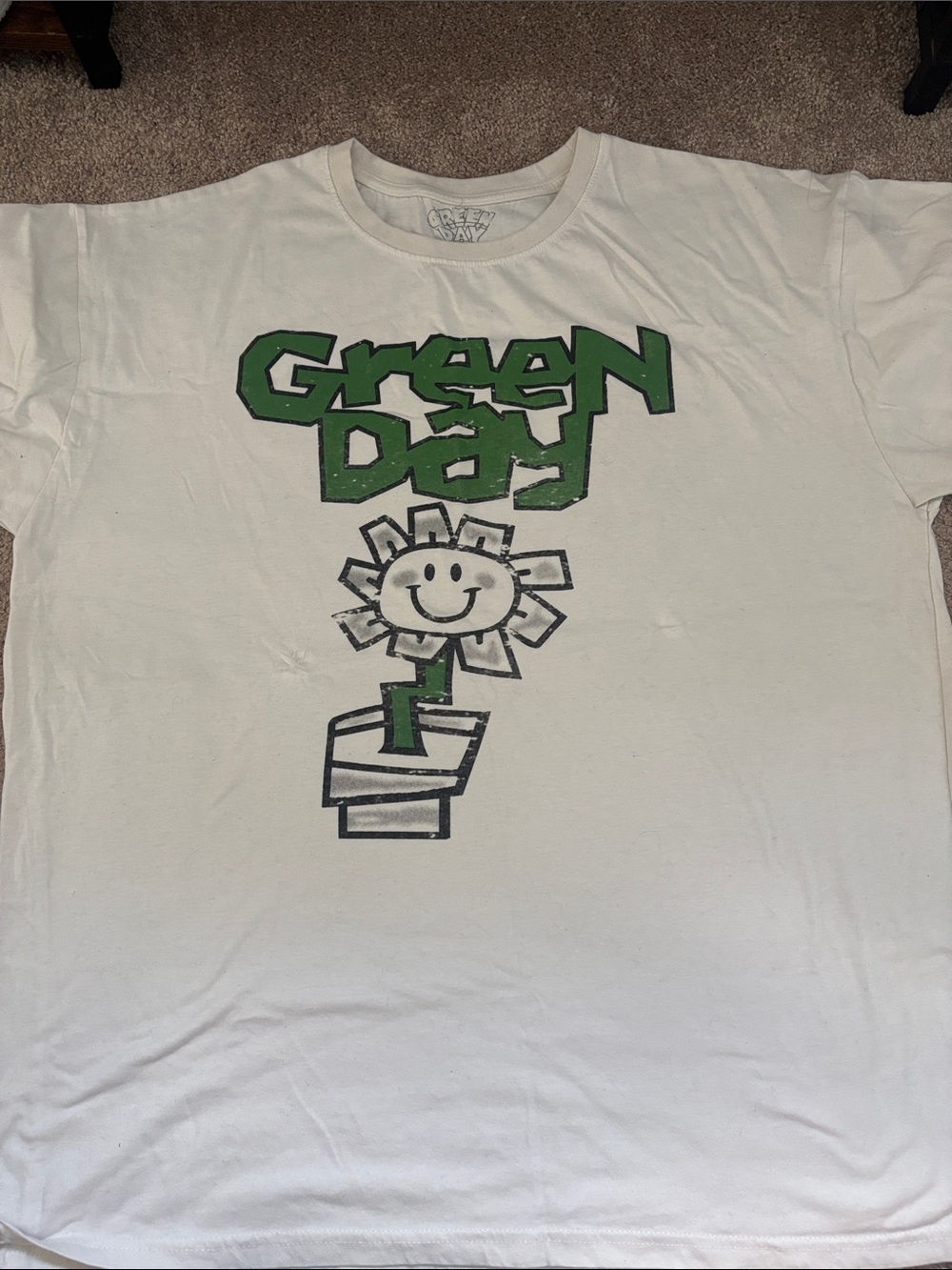 Green Day White Graphic Tee with Smiling Flower Logo